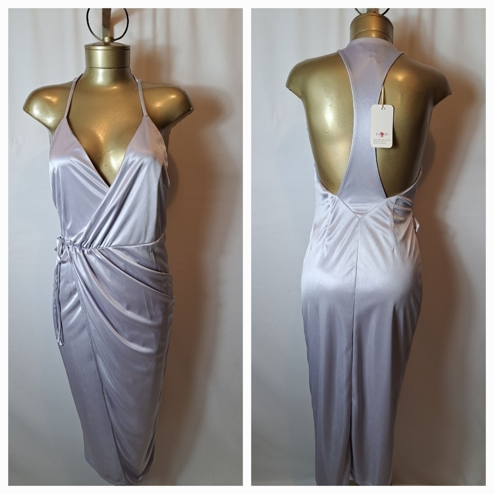 L'Atiste By Amy Silver Gray Satin Look Wrap Midi Dress